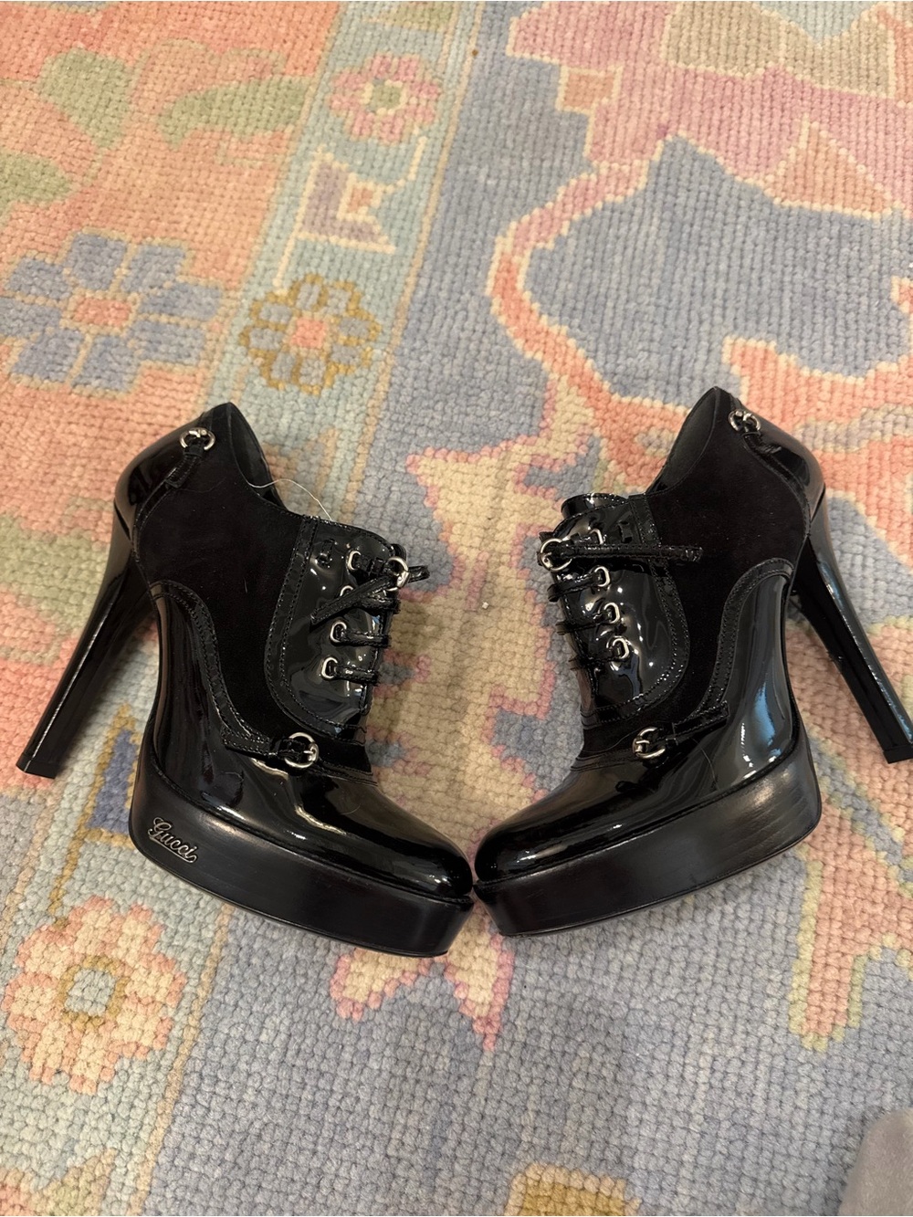 Gucci Black Patent Leather Platform Lace-Up Ankle Booties